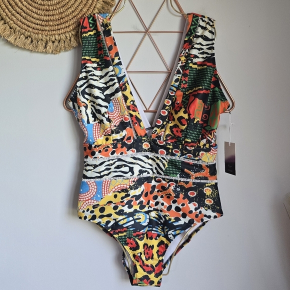 Averie, New Harlow Tropical Animal Print Deep Plunge One Piece Swimsuit SZ XL - Picture 9 of 9